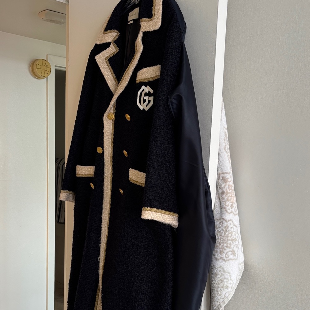 Black & Cream Long Trench Coat with Contrast Trim